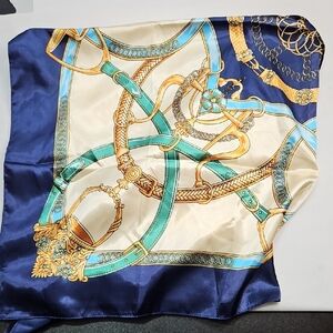 Women's Square Blue Cream Gold Silky Chain Equestrian Classic Print Scarf NWOT